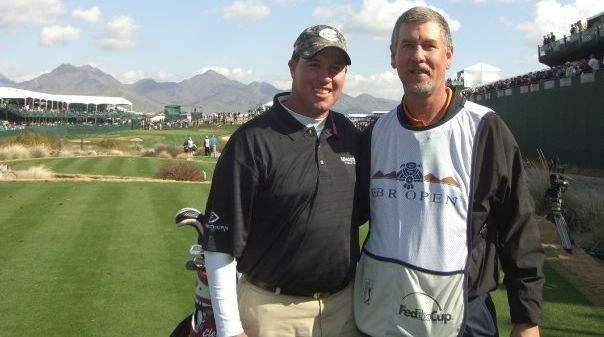 Mike Riley (right) and the tour pro Boo Weekley, an old friend of his. Riley caddied for Weekley during the pro-am of the FBR Open, in Phoenix, a few years ago.